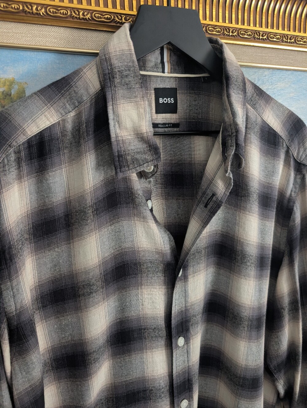BOSS Black and Gray Plaid Button-Down Shirt